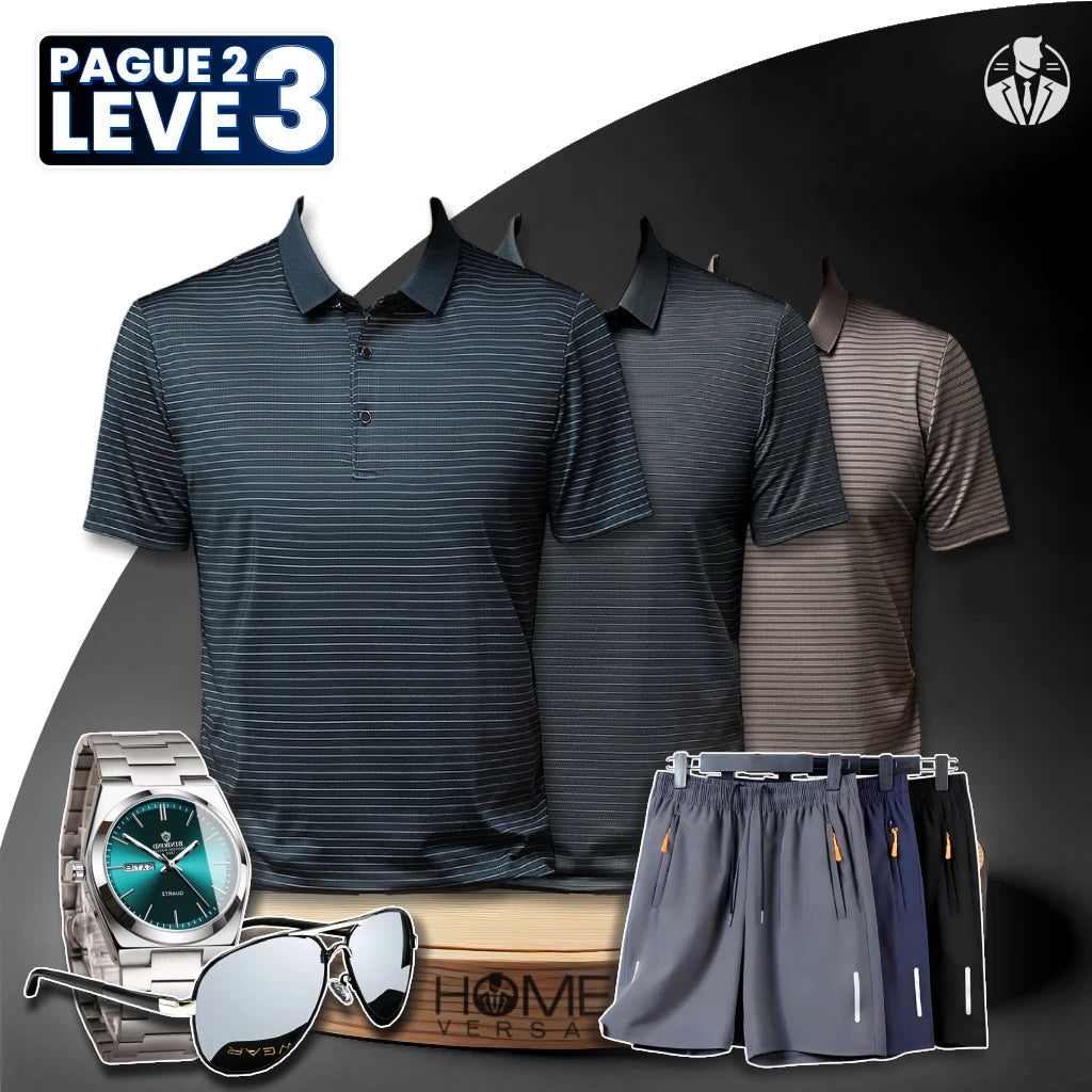 [Pague 2, Leve 3] Kit de Camisas Polo Vorax Listrada de Seda Gelo + BRINDES: 3 Bermudas, Relógio e Óculos