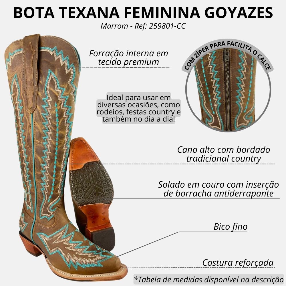 Bota Texana Feminina Goyazes Ortopédica + 3 Brindes: Chápeu Goyazes + Bolsa e Cinto de Couro Bovino