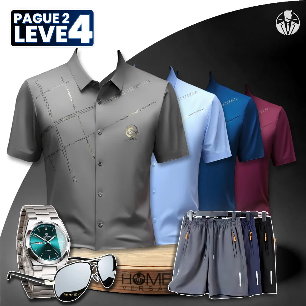 [Pague 2, Leve 4] Kit de Camisas Polo Felix de Seda Gelo e Poliéster + BRINDES: 3 Bermudas, Relógio e Óculos