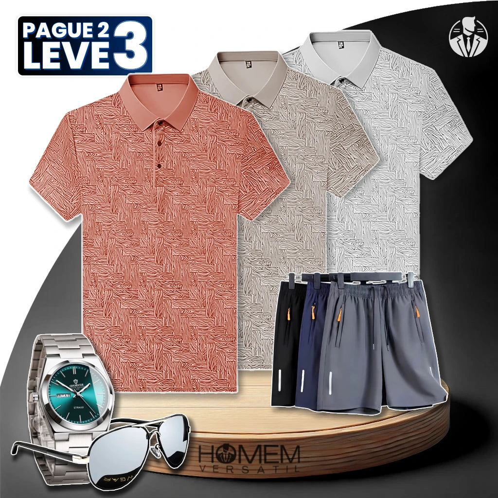 [Pague 2, Leve 3] Kit de Camisas Polo Vex Texturizada de Seda Gelo + BRINDES: 3 Bermudas, Relógio e Óculos