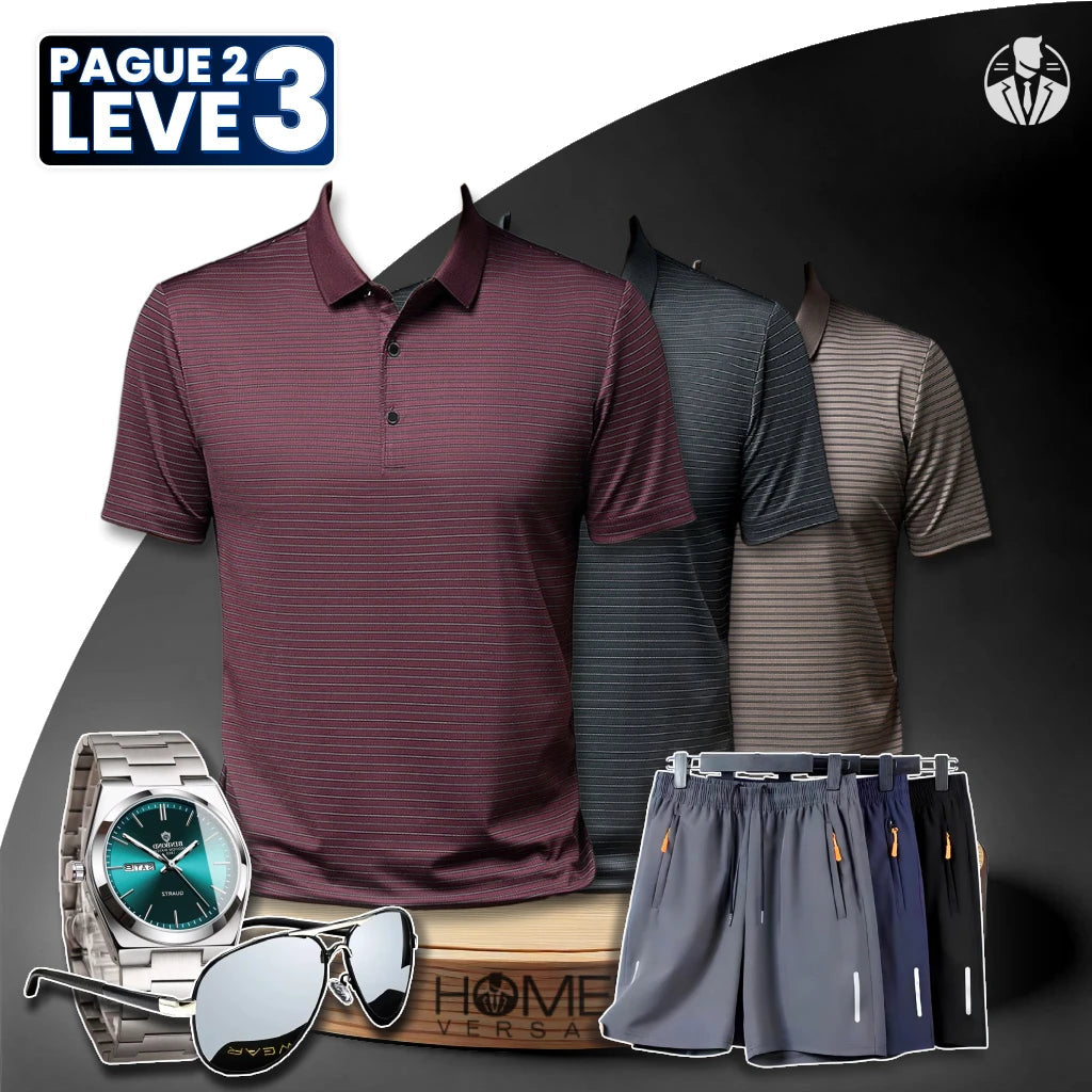 [Pague 2, Leve 3] Kit de Camisas Polo Vorax Listrada de Seda Gelo + BRINDES: 3 Bermudas, Relógio e Óculos