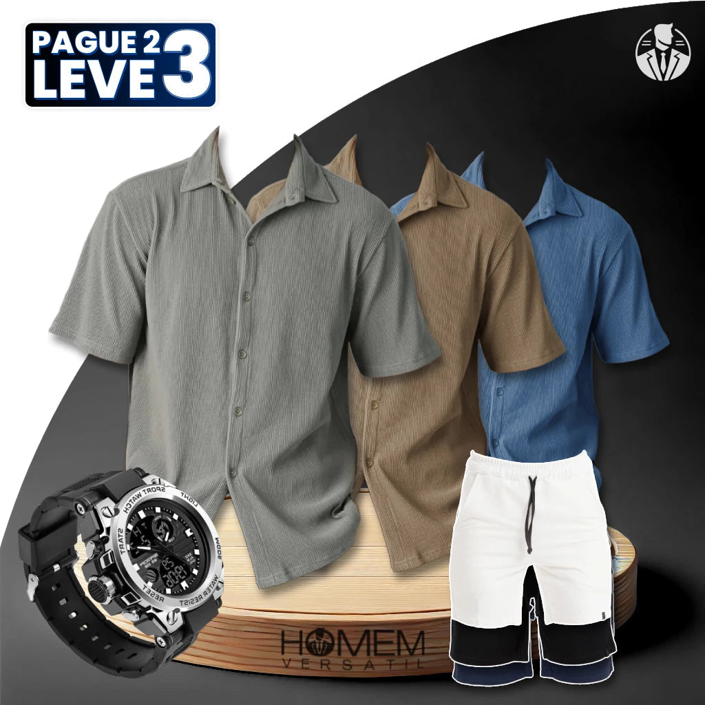 [Pague 2, Leve 3] Kit de Camisas Polo Kody de Malha em Algodão e Poliéster + BRINDES: 3 Bermudas e Relógio