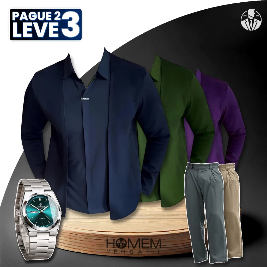 [Pague 2, Leve 3] Kit de Camisas Polo de Malha Dominus 2 em 1 + Relógio e 2 Calças Ajustáveis GRÁTIS