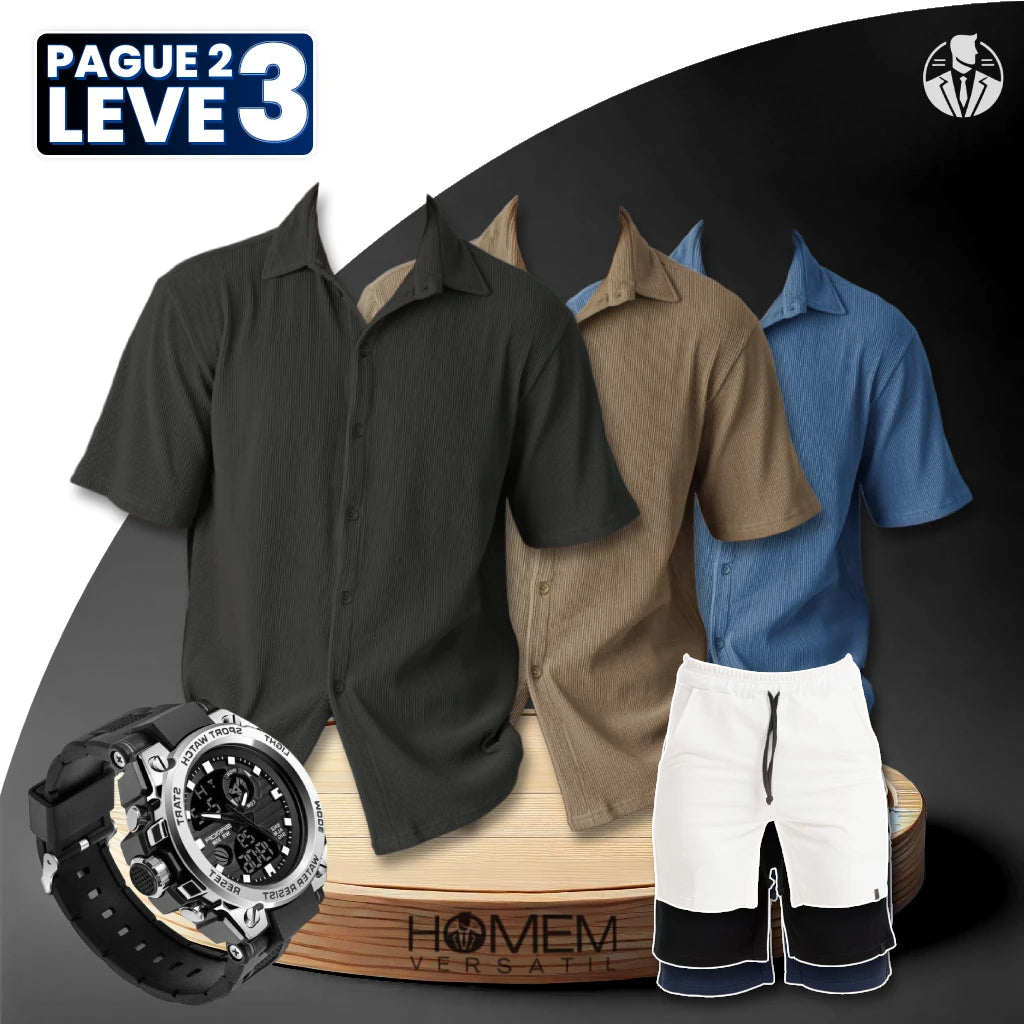 [Pague 2, Leve 3] Kit de Camisas Polo Kody de Malha em Algodão e Poliéster + BRINDES: 3 Bermudas e Relógio