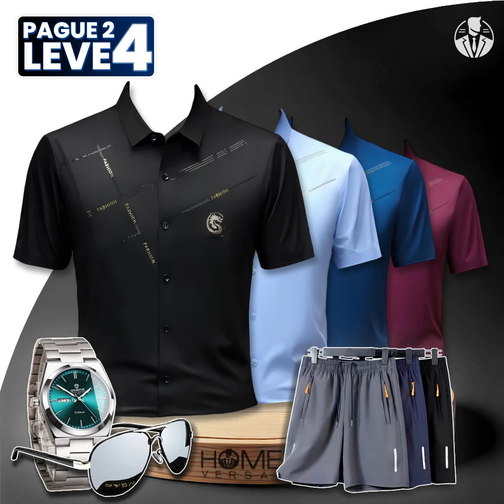 [Pague 2, Leve 4] Kit de Camisas Polo Felix de Seda Gelo e Poliéster + BRINDES: 3 Bermudas, Relógio e Óculos