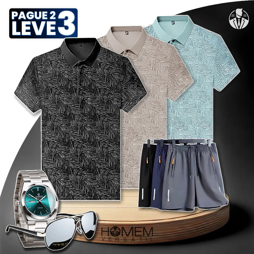 [Pague 2, Leve 3] Kit de Camisas Polo Vex Texturizada de Seda Gelo + BRINDES: 3 Bermudas, Relógio e Óculos